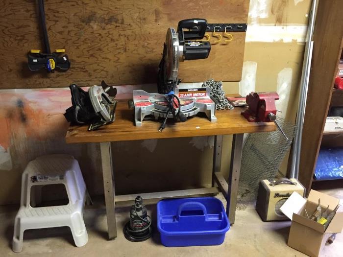 Lots and lots of tools including this Delta Compound Miter Saw.