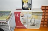 Water faucets-new in box , Light fixture-new in box, wire shelves, shadow box