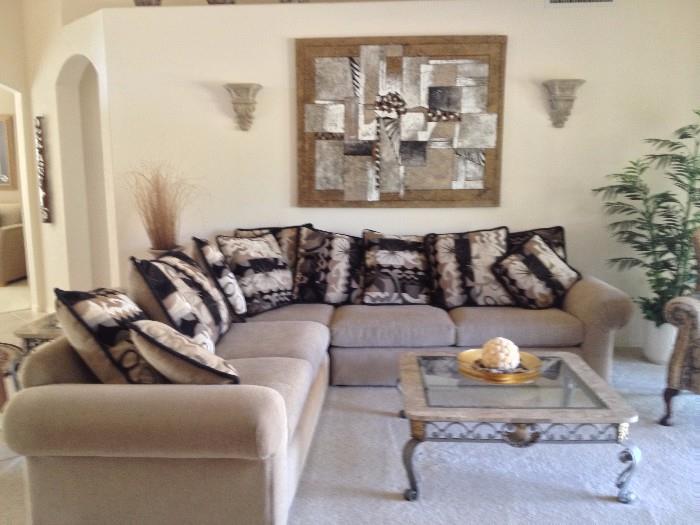 Beautiful Sectional in Excellent Condition!, Coffee Table, Sofa Table, End Table, Artwork, Faux Tree, Candle Sconces