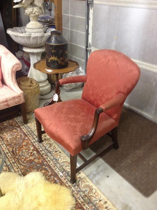 Colonial reproduction armchair with damask upholstery