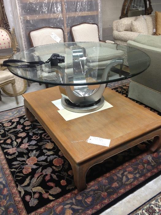 ARt deco cocktail table with beveled 1/2" thick top, antique Chinese low table, wool carpet