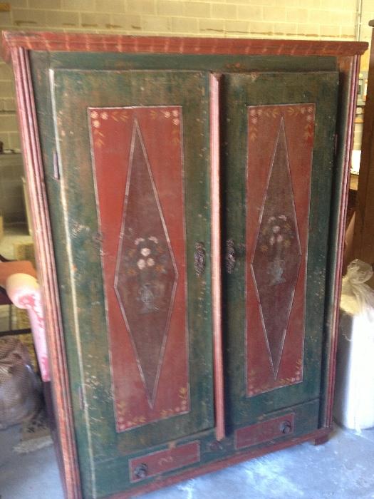 Antique painted cupboard with single drawer on bottom