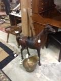 ETC. Leather decorative horse, brass hod, 3 leg milking stool, peg board