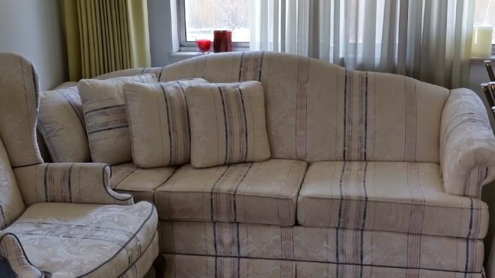 Very nice stripped couch and two arm chairs.