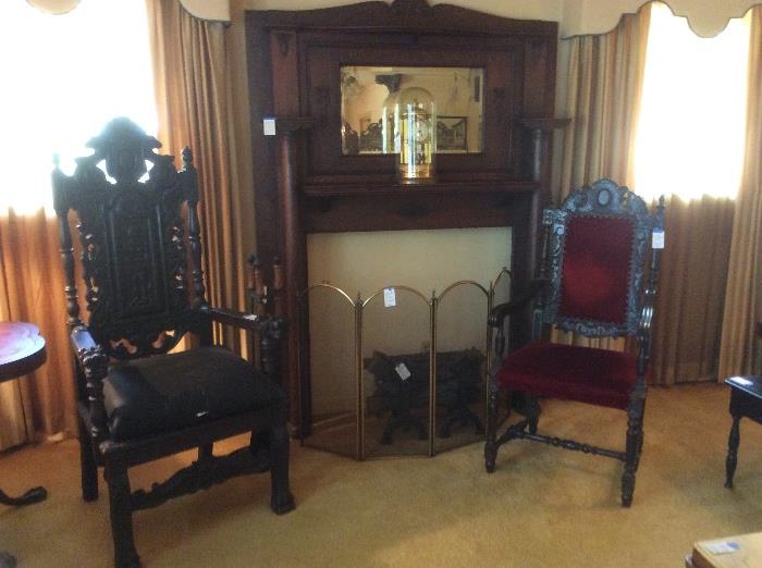 English king & queen chairs. American oak mantel.