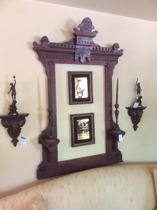 Eastlake frame & elephant wall brackets. Pair of French spelters.