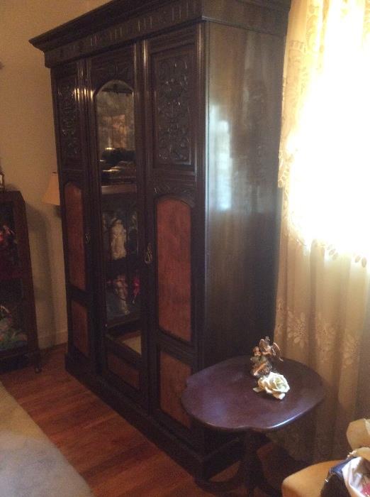 mahogany armoire & burl wood English wardrobe with mirror center.