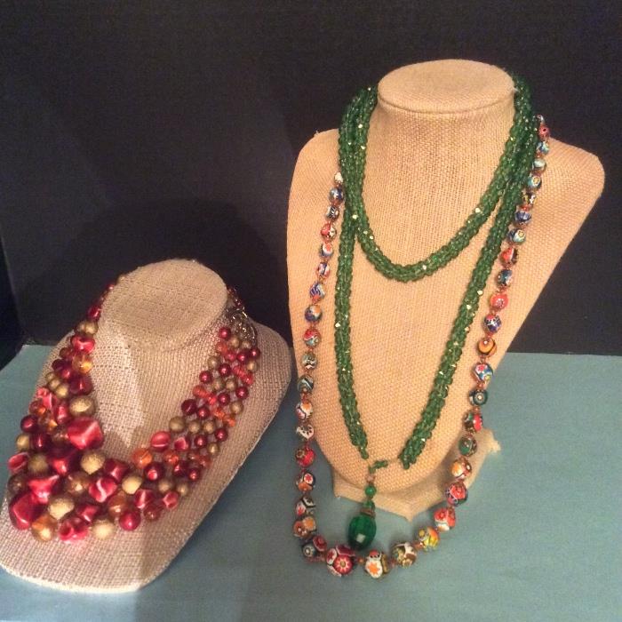Opera length green glass necklace & Murano beads necklace & vintage 50's reddish necklace . lot 