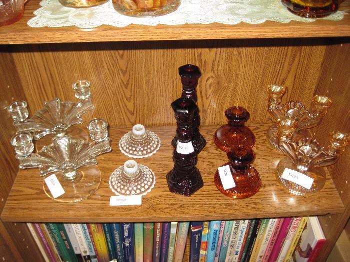 Indiana Glass, Moonstone, Avon and Jeannette Glass Iris & Herringbone Candle Holders