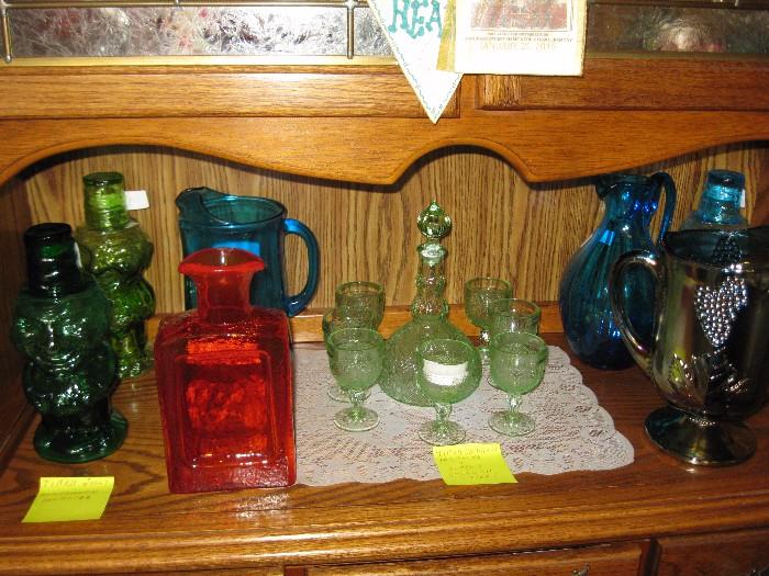 Indiana Glass Jolly Mountaineers, Chantilly Decanter, elegant glass pitchers, Indiana Glass Harvest Grape pitcher