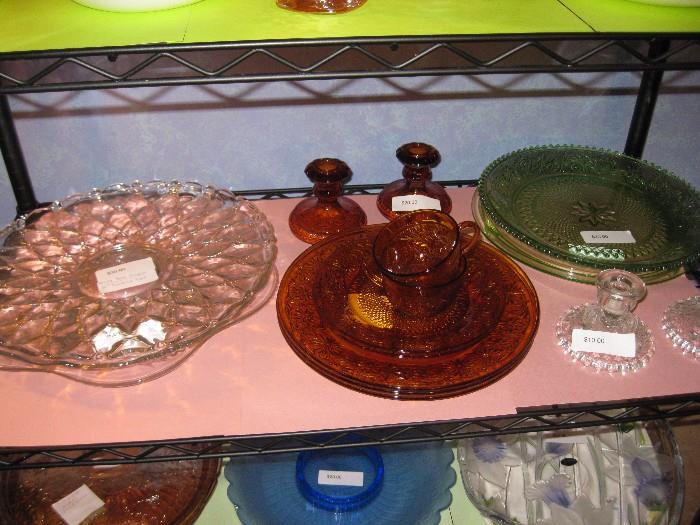 Fostoria Glass Wampum Gardenia Bowl, Indiana Glass Daisy plates, Indiana Glass Sandwich Candle Holder