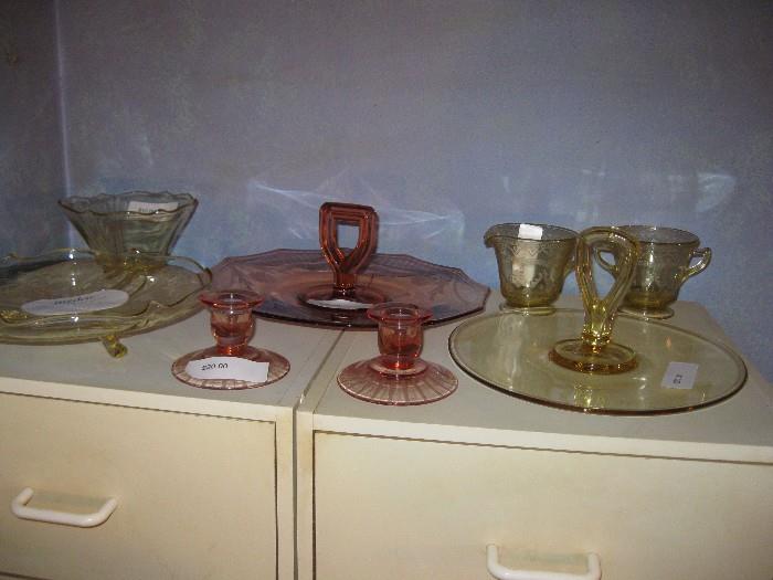 Lancaster Glass cake plate and bowl and elegant glass platters, Hocking Glass Candle Holders