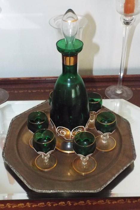 BOHEMIAN GREEN GLASS AND ENAMEL CORDIAL SET
