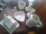Belleek! Some nice pieces. The butter dish (lower left) and pitcher (lower right) are sold.