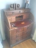 Nice drop-front secretary with various smaller wooden items. (Smaller items in this photo sold.)