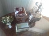 Westmoreland Compote (cranberry & clear) in back center, and Jane Hutcheson "Fleurs de Siecle" on left. Other items sold.