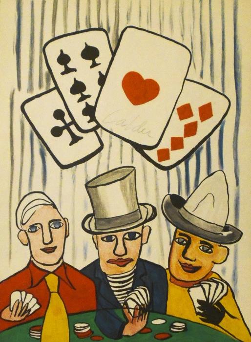 Alexander Calder (1898 - 1976) 
Title: Three Poker Players
Medium: Color Lithograph, Hand Signed
Edition: Mourlot Edition, Paris, France, Limited Edition 
Size: 14 3/4" x 10 7/8"
Framed Size: 26" x 22" 
Opening Bid: $700 
Estimated: $2,000 - $3,000 