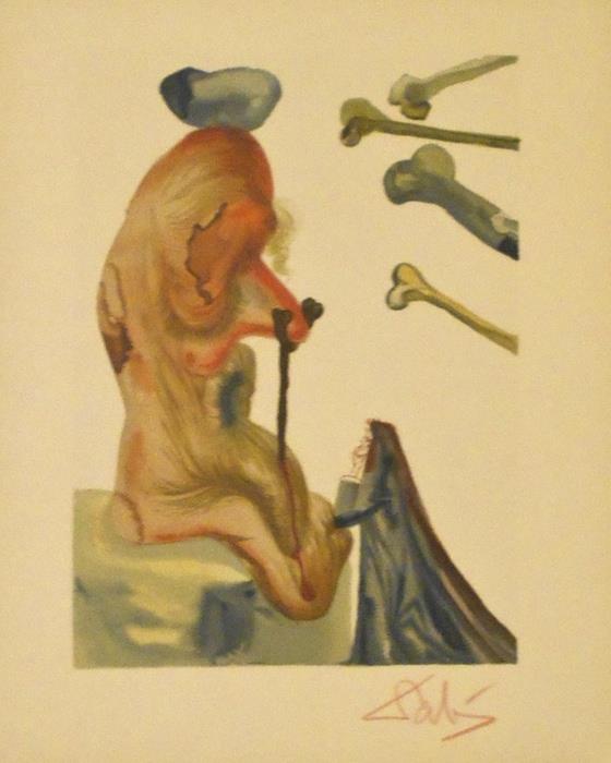 Salvador Dalí (1904 –1989) 
Title: "Diviners and Sorcerers" - Divine Comedy - Inferno - Canto XX
Medium : Original Color Woodblock Engraving, Hand Signed
Edition: Dante's "Divine Comedy", Illustrated by Salvador Dalí, Published in Paris, France in 1964
Limited Edition
Size: 13" X 10 1/4" 
Opening Bid: $500 
Estimated: $2,000 - $3,000 