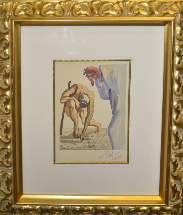 Salvador Dalí (1904 –1989) 
Title: "The Princes of te Flowery Valley" - Divine Comedy - Purgatorio - Canto XI
Medium : Original Color Woodblock Engraving, Hand Signed
Edition: Dante's "Divine Comedy", Illustrated by Salvador Dalí, Published in Paris, France in 1964
Limited Edition
Size: 13" X 10 1/4" 
Opening Bid: $500 
Estimated: $2,000 - $3,000 