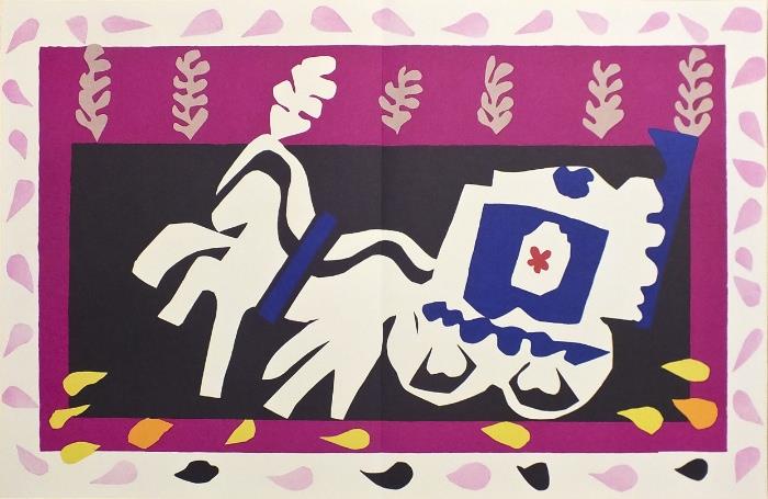 Henri Matisse (1869 - 1954)
Title: Chariot for Pierrot
Size: 14 1/2" X 22 1/4"
Medium: Color Lithograph
Edition: Folded Leaf from Matisse “Jazz” Suite, Limited Edition 
Opening Bid: $400 
Estimated: $2,000 - $3,000 