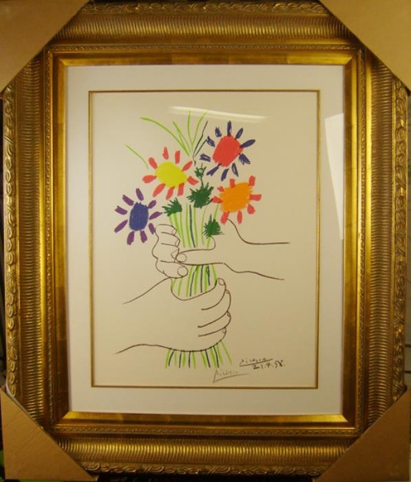 Pablo Picasso 
Title: Hand and Flower
Medium: Color Lithograph, signed
Edition: Edition Combat Pour La Paix, Limited Edition
Size: 25 3/4" x 19 7/8"
Framed Size: 35" x 29" 
Opening Bid: $900 
Estimated: $3,000 - $4,000 