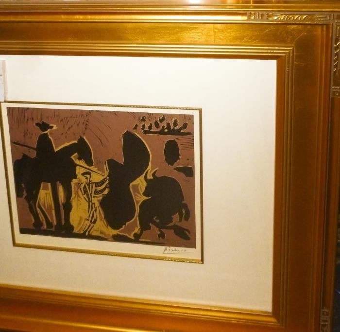 Pablo Picasso
Title: Bullfight
Medium: Color Linogravure, Hand Signed
Limited Edition
Size: 10 5/8" x 12 5/8"
Framed Size: 29" x 25"
Opening Bid: $800 
Estimated: $3,000 - $4,000