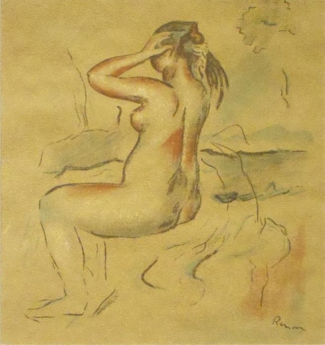 Pierre-August Renoir (1841 - 1919)
Title: Nude Girl Facing Back
Medium: Vintage Stone Lithograph signed in plate 
Size: 11" X 10 1/4"
Framed Size: 24" x 20"
Opening Bid: $400 
Estimated: $2,000 - $3,000