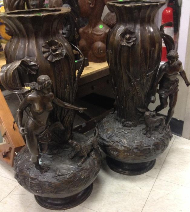 Large Art Nouveau Style Pair of Bronze Vases
