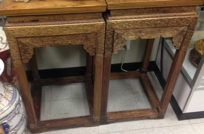 Pair of Carved Asian Style End Tables