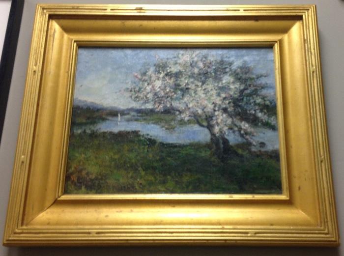 Gilt Framed Landscape Painting w/ Dogwood Tree