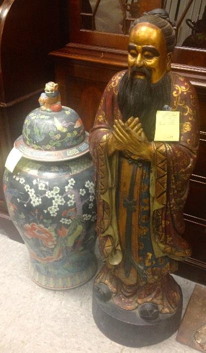 Large Chinese porcelain ginger jar and carved statue
