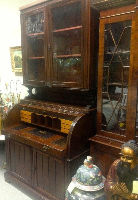 Antique American Victorian Secretary Desk w/ Glass Front Bookcase