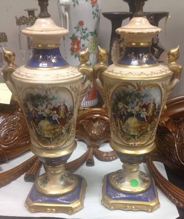 Pair Continental Porcelain Style Vase Mount Lamps