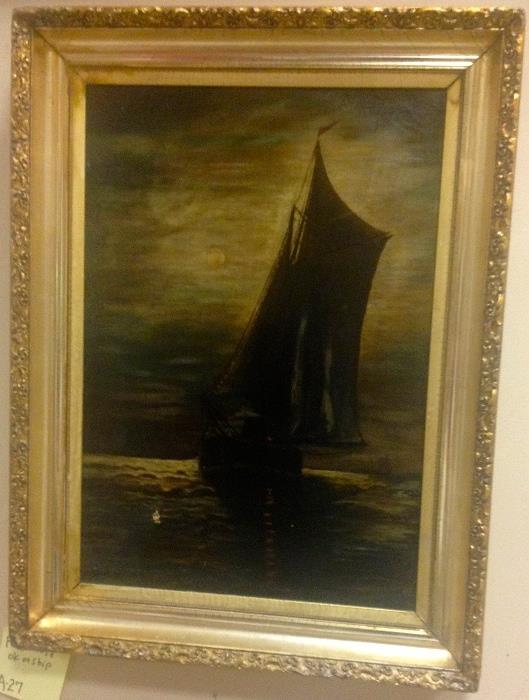 Antique American Marine Painting in Gilt Frame