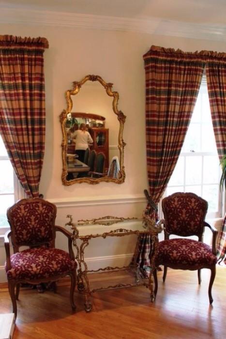 Pair Upholstered Side Chairs, Drapes, Side Table & Mirror