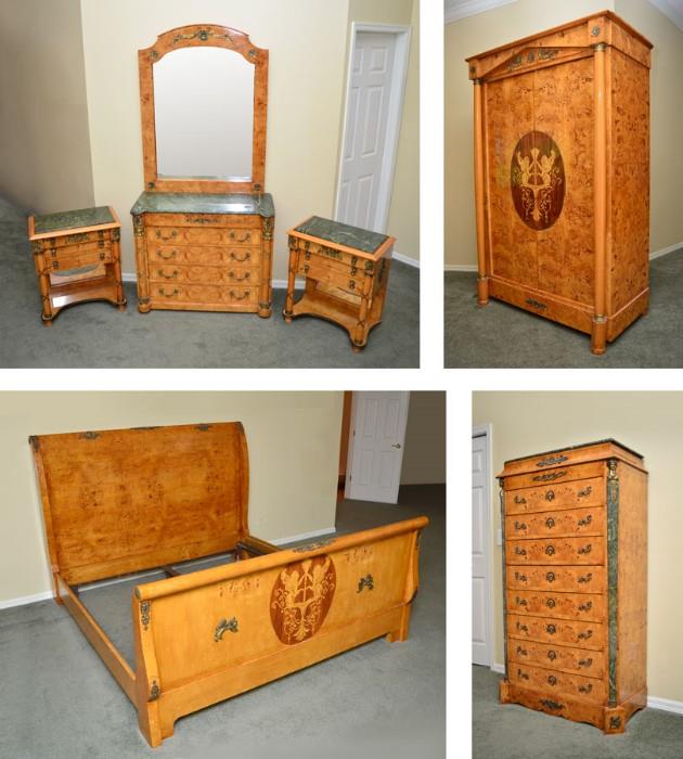 Lot 1089:  7 PIECE OLIVE BURL INLAID BEDROOM SET: 7 piece bedroom suite, all with olive burl veneer and applied ormolu mounts and decoration. To include sleigh BED (headboard 58'' h. x 82 3/4'' x 8'', foot board with inlaid rampant griffins in medallion 38 1/4'' h., rails 74 1/4''.), 8 drawer marble top & corners tall CHEST 64'' h. x 38 1/2'' x 19 1/2'', 4 drawer marble top DRESSER with cookie corners 34'' h. x 39 1/4'' x 18 1/4'', MIRROR for dresser 48 3/4'' h. x 36 1/4'', pair marble top 3 drawer NIGHTSTANDS 30'' h. x 24 3/4'' x 18 1/4'', 2 door ARMOIRE with inlaid rampant griffins on each door, 82 3/4'' h. x 54'' x 27 1/4''.