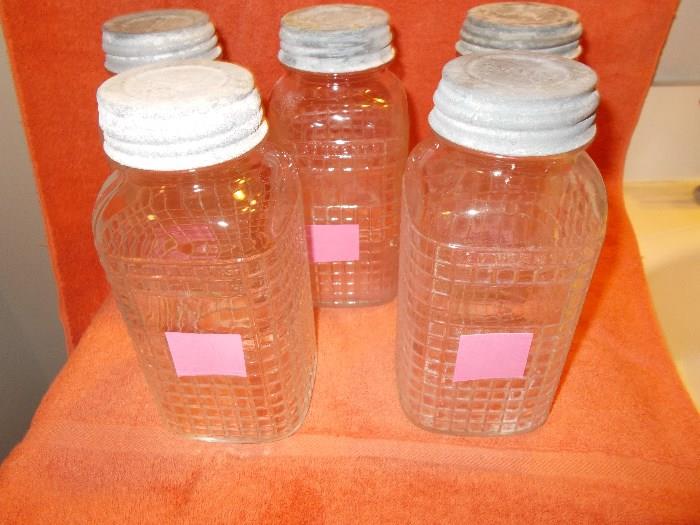 5 VINTAGE Canning Jars with Galvanized Lids and White Glass Inserts