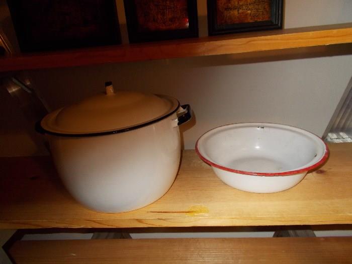Left - Large White Enamel Pot - with Lid - trimmed in black - OLD!!!    Right - White Enamel Pan trimmed in Red!! - OLD