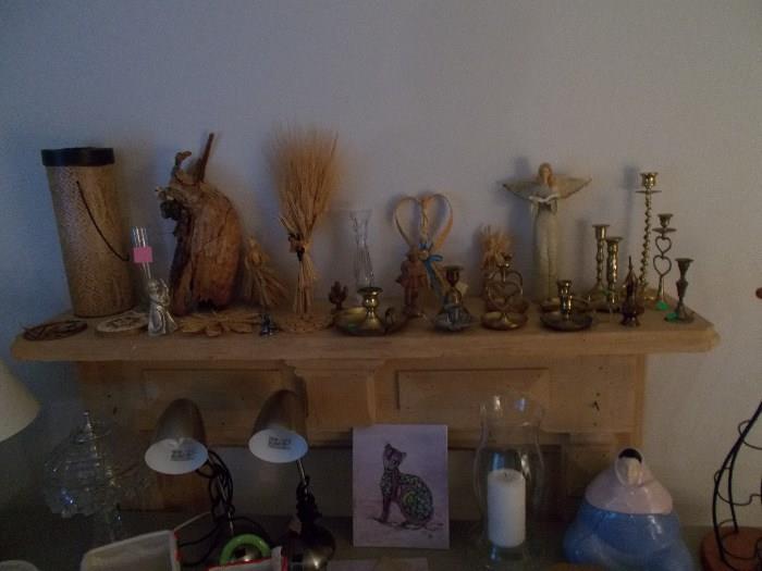Mantle full of Eclectic Items - "Kansas Wheat" straw decorations; brass candleholders; etc.