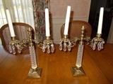 Pair of Brass and Crystal Candelabras - crystal teardrops hanging