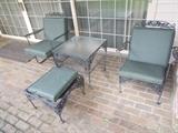 Set of 4 Patio Furniture with Cushions - 2 Metal Chairs; Metal Stool/Ottoman; Glass Topped Metal Table - Very Nice Set!!!!