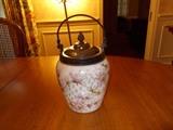 Hand Painted White Glass Biscuit Jar - Metal Top/Lid/Bale - Unsigned