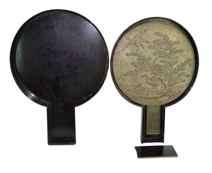Antique Bronze Asian Hand Mirror w/ Crane Motif #2
