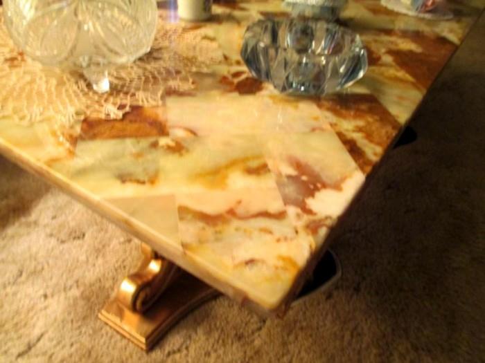 Fabulous---highly polished green-gold-chocolate ONYX coffee table on gilded pedestal legs--incredible!