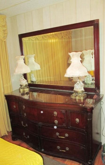 Heavy glass topped solid mahogany dresser with huge vanity