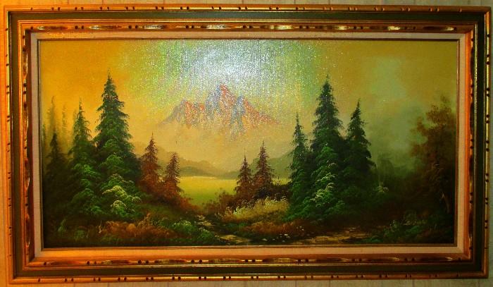 Hand signed oil on canvass mountain scene by 1950 s Chicago artist,  Brown