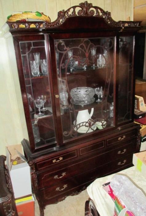 Beautiful solid mahogany hutch with lead crystal contents