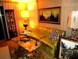 ONYX COFFEE TABLE, BEAUTIFUL ART DECO LAMP AND SOFA---THE SOFA STILL INSIDE ORIGINAL PLASTIC CASE FROM 1955!