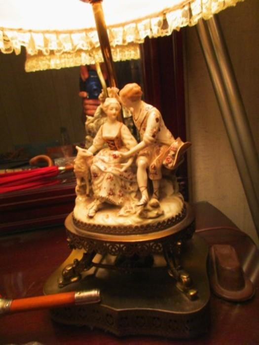 CAPO DI MONTE---FIGURINES DECORATING BASE OF PAIR OF LAMPS