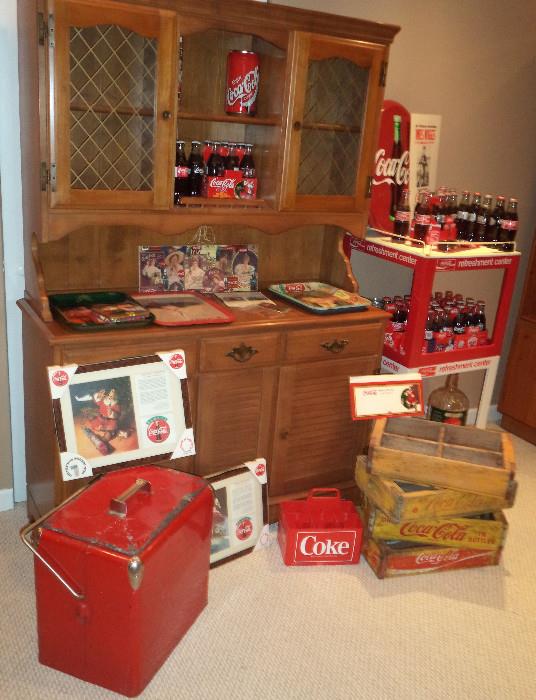 2Pc Hutch, Coke Button Sign & Cooler, Wooden Coca Cola Crates, 6Pk Bottles & Trays 